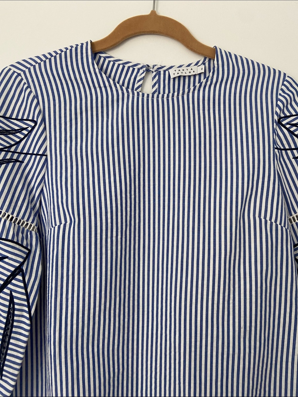 NWOT Tanya Taylor Striped Blue & White Embroidered Sleeve Top - Picture 5 of 11